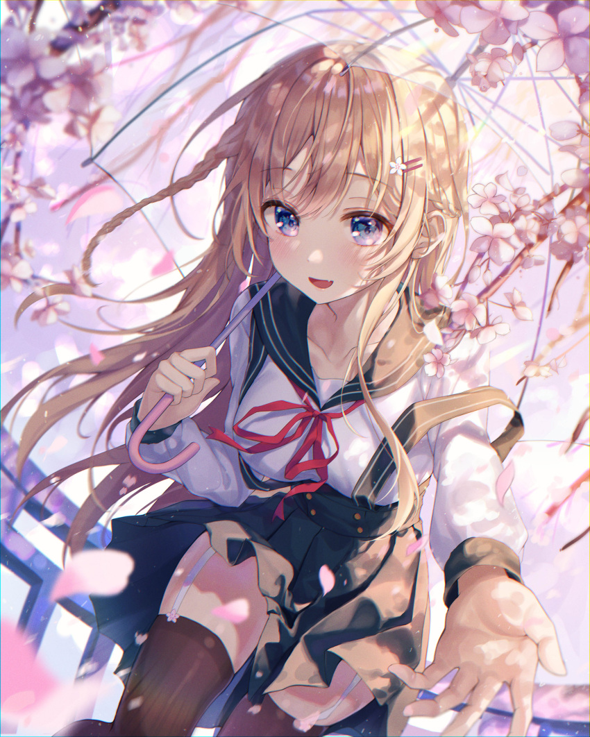 1girl absurdres aimbek bent_over black_legwear blonde_hair blue_eyes blue_sailor_collar blue_skirt blush braid cherry_blossoms flower garter_straps highres holding long_hair long_sleeves looking_at_viewer open_mouth original outdoors outstretched_arm pantyhose parasol petals pleated_skirt sailor_collar school_uniform serafuku shirt skirt smile solo tree umbrella uniform white_shirt