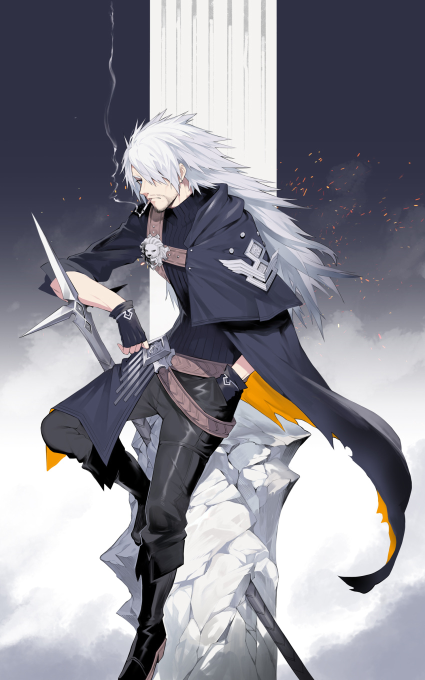 1boy absurdres black_gloves capelet check_copyright cigarette cloak collarbone commentary copyright_request covered_navel crack embers facial_hair fingerless_gloves gloves grey_capelet grey_cloak grey_eyes grey_hair hair_over_one_eye hands_in_pockets highres long_hair male_focus original planted planted_sword planted_weapon rock sitting sleeves_rolled_up smoke smoking solo spiky_hair sword tokiti torn torn_clothes turtleneck weapon