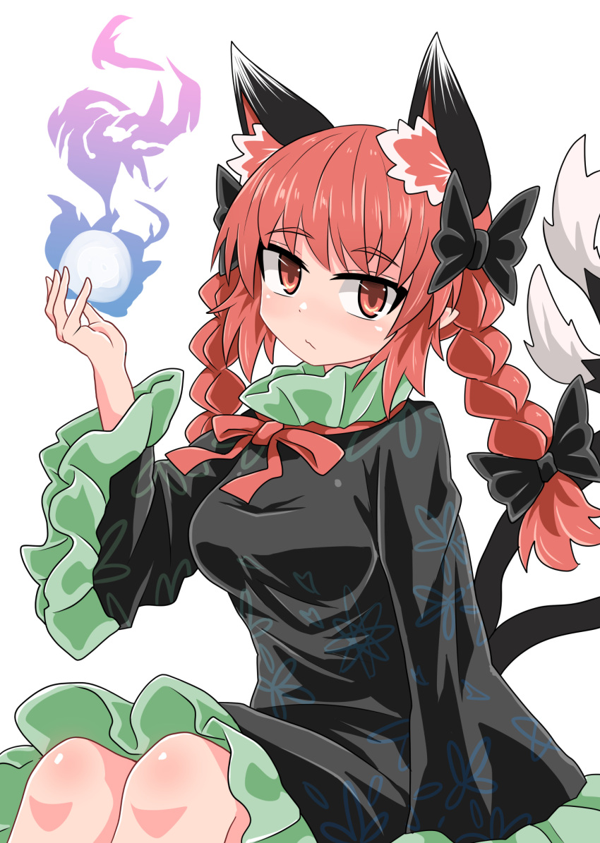 1girl animal_ear_fluff animal_ears black_bow black_dress bow braid breasts cat_ears cat_tail chups closed_mouth dress extra_ears eyebrows_visible_through_hair frilled_dress frills hair_bow highres hitodama kaenbyou_rin long_sleeves looking_at_viewer medium_breasts medium_hair multiple_tails neck_ribbon nekomata red_eyes red_neckwear red_ribbon redhead ribbon side_braids simple_background sitting solo tail touhou twin_braids two_tails white_background wide_sleeves
