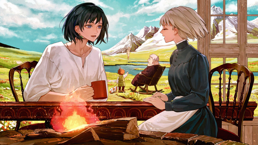 2girls 3others animal apron black_hair blonde_hair blue_eyes chair child closed_eyes clouds cloudy_sky collarbone cup day dog fire firewood flame grass heen highres holding holding_cup howl_(howl_no_ugoku_shiro) howl_no_ugoku_shiro long_sleeves looking_at_another markl mountain mountainous_horizon multiple_girls multiple_others naluse_flow older open_mouth outdoors plain pool prince_(howl_no_ugoku_shiro) rocking_chair shirt short_hair sitting sky smile sophie_(howl_no_ugoku_shiro) symbol_commentary table waist_apron water waving white_shirt witch_of_the_waste wood