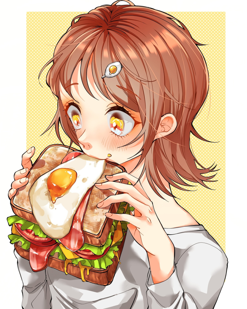 1girl blush brown_hair cheese eating egg eyebrows_visible_through_hair food hair_ornament hairclip hands_up highres lettuce long_sleeves moru0308 original sandwich shadow shirt short_hair solo sunny_side_up_egg white_shirt yellow_background yellow_eyes