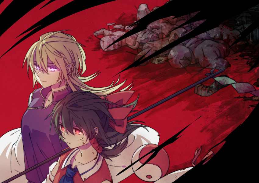2girls arm_ribbon ascot bangs bare_shoulders black_hair blonde_hair blood blood_on_face blood_splatter bloody_clothes blue_neckwear bow collarbone corpse death detached_sleeves dismemberment dress eyebrows_behind_hair from_above gohei hair_between_eyes hair_bow hair_tubes hakurei_reimu highres holding holding_stick long_hair looking_at_viewer multiple_girls needle nontraditional_miko orb ouka_musci over_shoulder pool_of_blood red_background red_bow red_eyes red_shirt ribbon severed_arm severed_limb shirt side-by-side sidelocks simple_background sleeveless sleeveless_shirt slit_pupils stab stick tabard touhou upper_body violet_eyes weapon weapon_over_shoulder white_dress yakumo_yukari yin_yang yin_yang_orb