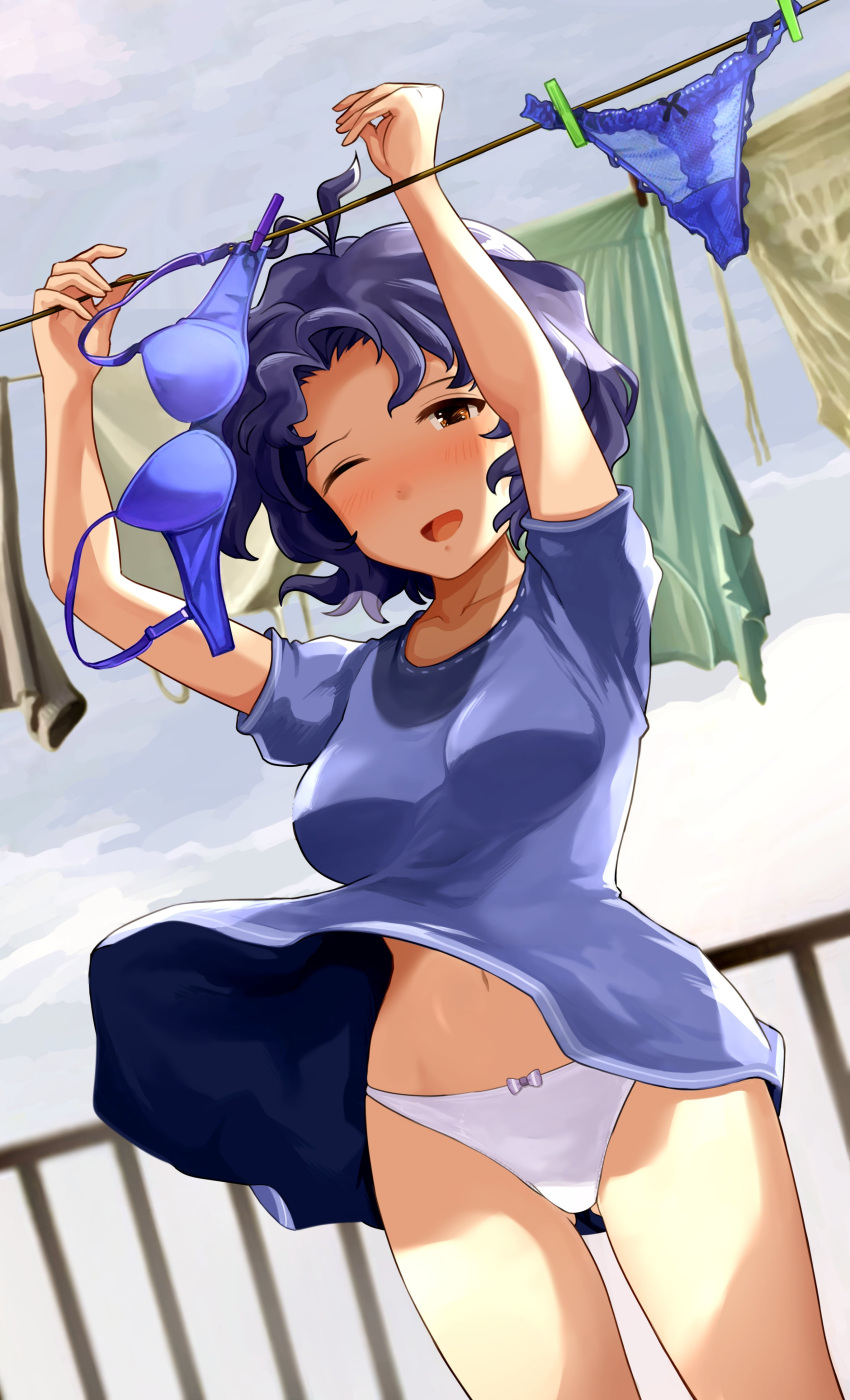 1girl absurdres antenna_hair arms_up ass_visible_through_thighs bangs blue_bra blue_dress blue_panties bow bow_panties bra breasts brown_eyes clothesline clouds cloudy_sky collarbone dress half-closed_eye hanamasa_ono highres idolmaster idolmaster_million_live! medium_breasts navel one_eye_closed open_mouth outdoors panties parted_bangs short_hair short_sleeves sky solo standing thighs toyokawa_fuuka underwear white_panties wind wind_lift