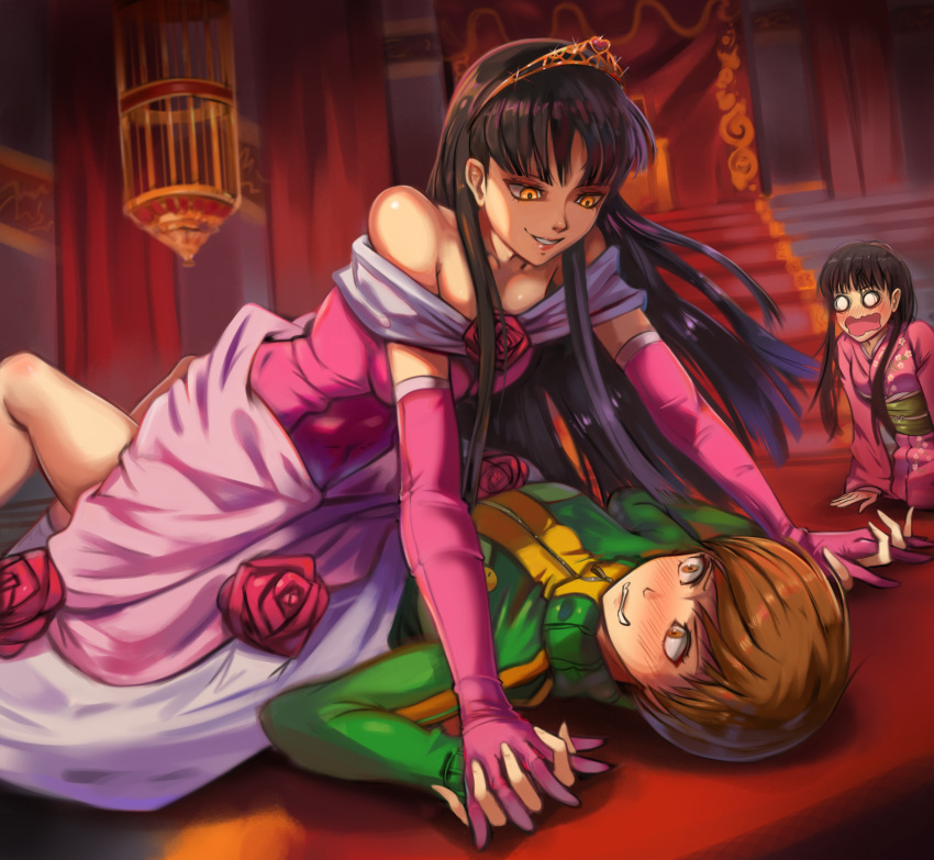 3girls absurdres amagi_yukiko bare_shoulders black_hair blush brown_hair dark_persona dress dual_persona elbow_gloves evil_smile eye_contact flower girl_on_top gloves highres interlocked_fingers japanese_clothes jersey kimono looking_at_another lying multiple_girls on_back open_mouth persona persona_4 pink_dress pink_kimono pinned rose satonaka_chie shadow_(persona) shadow_yukiko smile straddling throne_room tiara toasty_scones yellow_eyes you_gonna_get_raped yuri