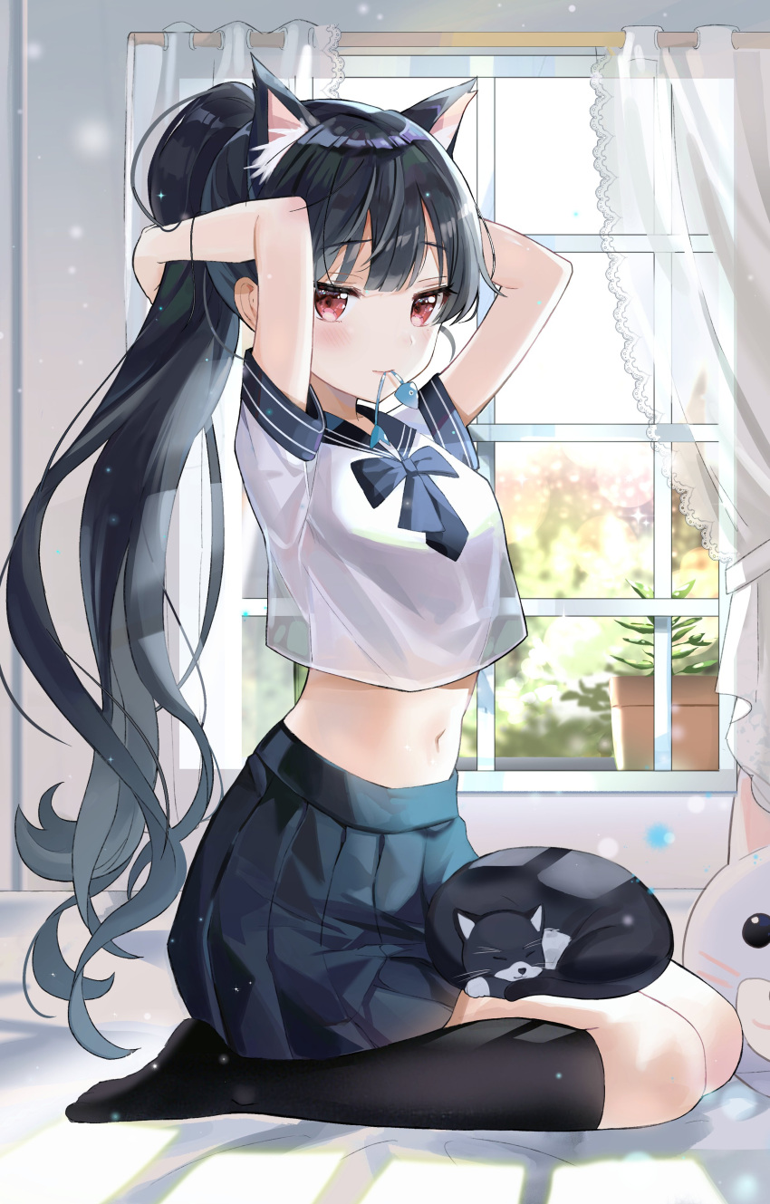 1girl absurdres animal_ear_fluff animal_ears animal_on_lap arms_behind_head arms_up black_cat black_hair black_legwear black_skirt bow bowtie cat cat_ears cat_girl cat_on_lap crop_top crop_top_overhang curtains extra_ears highres indoors kneehighs kongya long_hair looking_at_viewer midriff miniskirt mouth_hold navel no_shoes original pleated_skirt ponytail red_eyes sailor_collar school_uniform see-through see-through_silhouette seiza serafuku shirt short_sleeves sitting skirt solo stomach very_long_hair white_shirt window