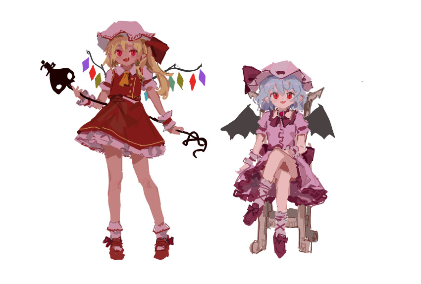 2girls :d ascot bat_wings blonde_hair blue_hair brooch buttons crystal dress fang flandre_scarlet frills hat hat_ribbon highres holding holding_weapon jewelry laevatein light_blush looking_at_viewer mary_janes mob_cap multiple_girls on_chair one_side_up open_mouth pink_dress puffy_short_sleeves puffy_sleeves red_eyes red_footwear red_vest reddizen remilia_scarlet ribbon ribbon_trim shoes short_sleeves side_ponytail sitting smile standing touhou vest weapon white_background wings wrist_cuffs