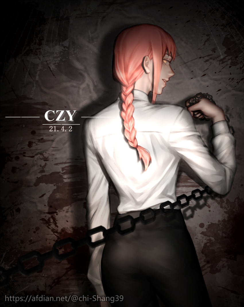 1girl artist_name ass back black_pants blood blood_splatter braid braided_ponytail chain chainsaw_man chinese_commentary cowboy_shot czy_(2894456992) dated dress_shirt eyelashes grin highres holding holding_chain long_hair long_sleeves looking_at_viewer looking_back makima_(chainsaw_man) orange_eyes pants redhead shirt shirt_tucked_in smile solo watermark web_address white_shirt