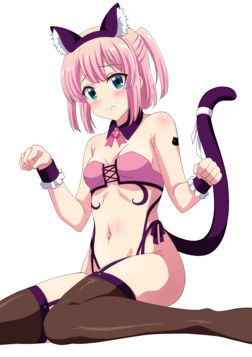 animal_ears aqua_eyes bangs blush breasts brown_legwear cat_ears cat_tail chiyoda_momo closed_mouth commentary_request dbmaster detached_collar eyebrows_visible_through_hair fake_animal_ears fake_tail highres looking_at_viewer machikado_mazoku navel pink_hair ribbon short_hair simple_background sitting small_breasts tail tail_ornament tail_raised tail_ribbon thigh-highs white_background white_ribbon wrist_cuffs