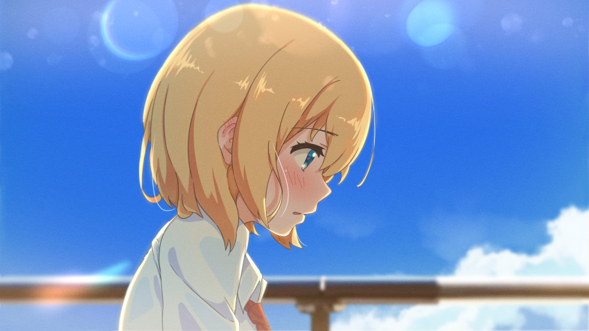 1girl bangs blonde_hair blue_eyes blue_sky blush collared_shirt day eyebrows_visible_through_hair highres hololive hololive_english jl_tan lens_flare long_sleeves necktie outdoors railing red_neckwear shirt sky solo virtual_youtuber watson_amelia white_shirt