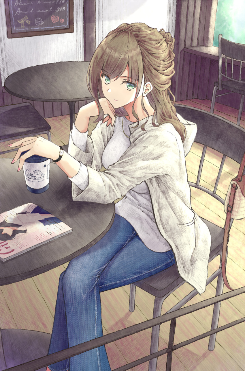 1girl aramachi bag bangs breasts brown_hair chair chalkboard coffee_shop crossed_legs cup denim disposable_cup drawings english_text green_eyes handbag head_rest highres holding holding_cup hood hooded_jacket indoors jacket jeans jewelry light_smile long_hair long_sleeves looking_at_viewer magazine medium_breasts nail_polish necklace open_clothes open_jacket original pants shirt sidelocks sitting solo table watch white_jacket white_shirt window wooden_floor