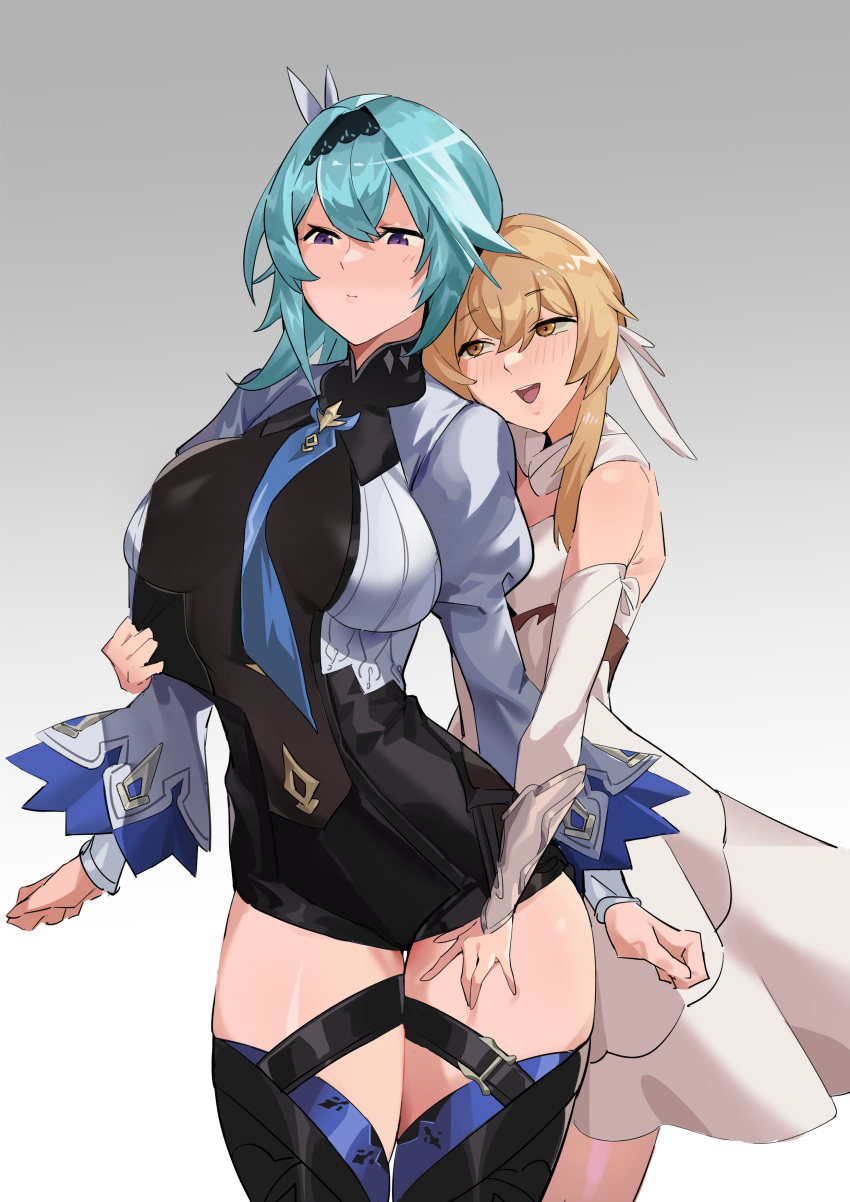 1girl 2girls absurdres blonde_hair blue_hair breasts dress eula_(genshin_impact) genshin_impact highres lumine_(genshin_impact) multiple_girls open_mouth ryofu_(pixiv12347507) smile thigh-highs yuri