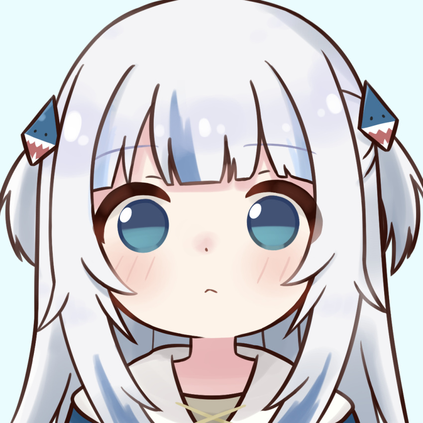 1girl :&lt; bangs blue_background blue_eyes blue_hair blunt_bangs blush closed_mouth commentary eyebrows_visible_through_hair gawr_gura hair_ornament hololive hololive_english hood hood_down ixia_(ixia424) light_blue_background long_hair looking_at_viewer multicolored_hair portrait revision shark_hair_ornament silver_hair simple_background solo staring streaked_hair symbol_commentary two_side_up virtual_youtuber