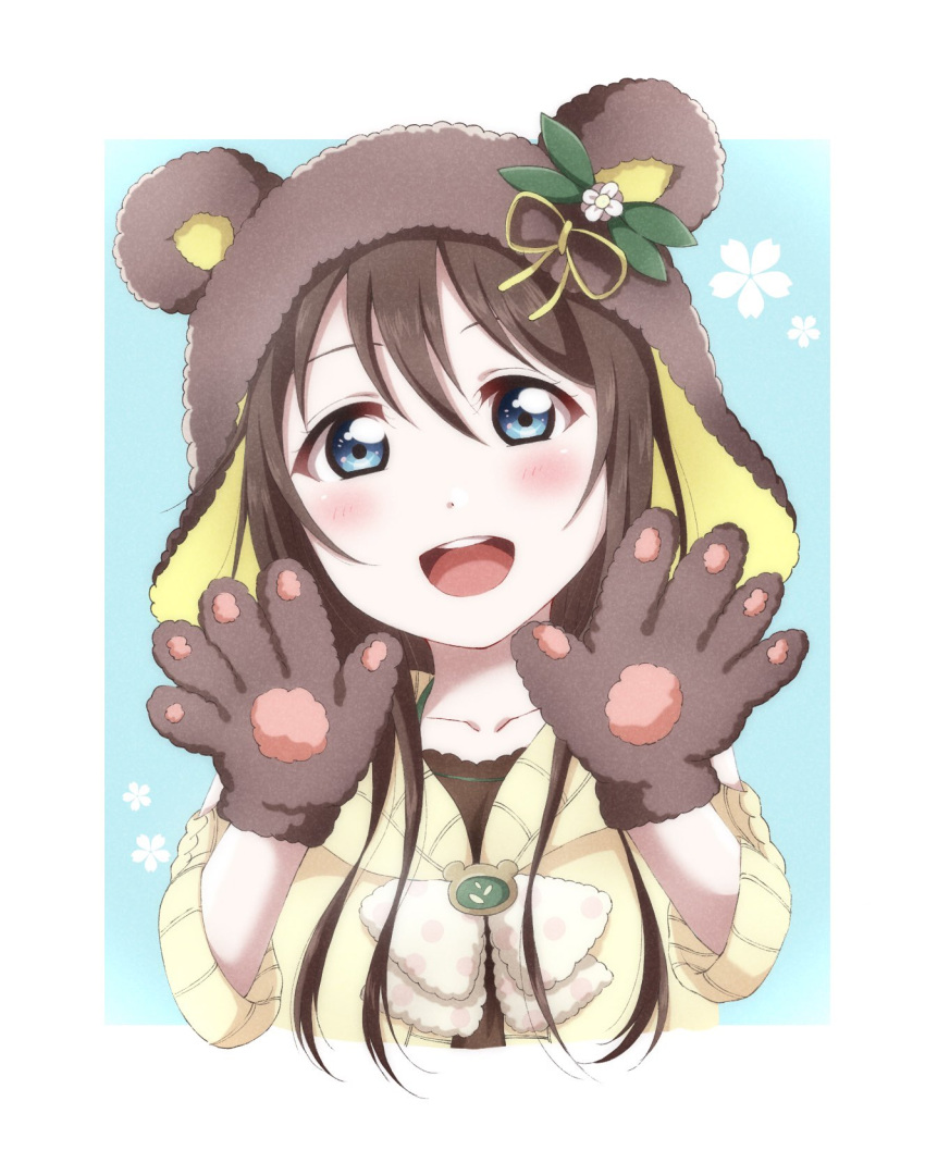 animal_ears animal_hat bangs bear bear_ears birthday blue_eyes blush bow brown_hair collarbone gloves hair_between_eyes happy_birthday hat highres jacket long_hair love_live! love_live!_nijigasaki_high_school_idol_club love_live!_school_idol_festival_all_stars open_mouth ousaka_shizuku paw_gloves paws sweater_jacket teeth upper_body white_bow yellow_bow