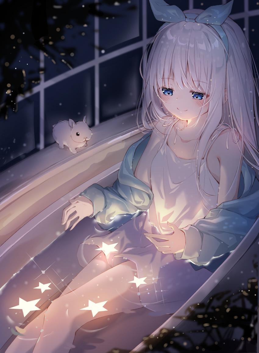 1girl absurdres bangs bathing bathtub blue_jacket bow closed_mouth collarbone english_commentary eyebrows_visible_through_hair glowing hair_bow highres jacket long_hair night nightgown original partially_submerged rabbit sidelocks silver_hair sitting smile solo sparkle star sunnyhsiung water white_hair