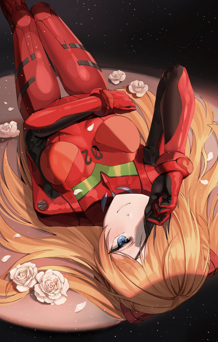 1girl absurdres bangs blue_eyes bodysuit eyepatch flower hand_on_eyewear hand_on_own_stomach highres long_hair looking_at_viewer lying neon_genesis_evangelion on_back orange_hair petals plugsuit rebuild_of_evangelion red_bodysuit rose shikinami_asuka_langley smile solo souryuu_asuka_langley ueng white_flower white_rose