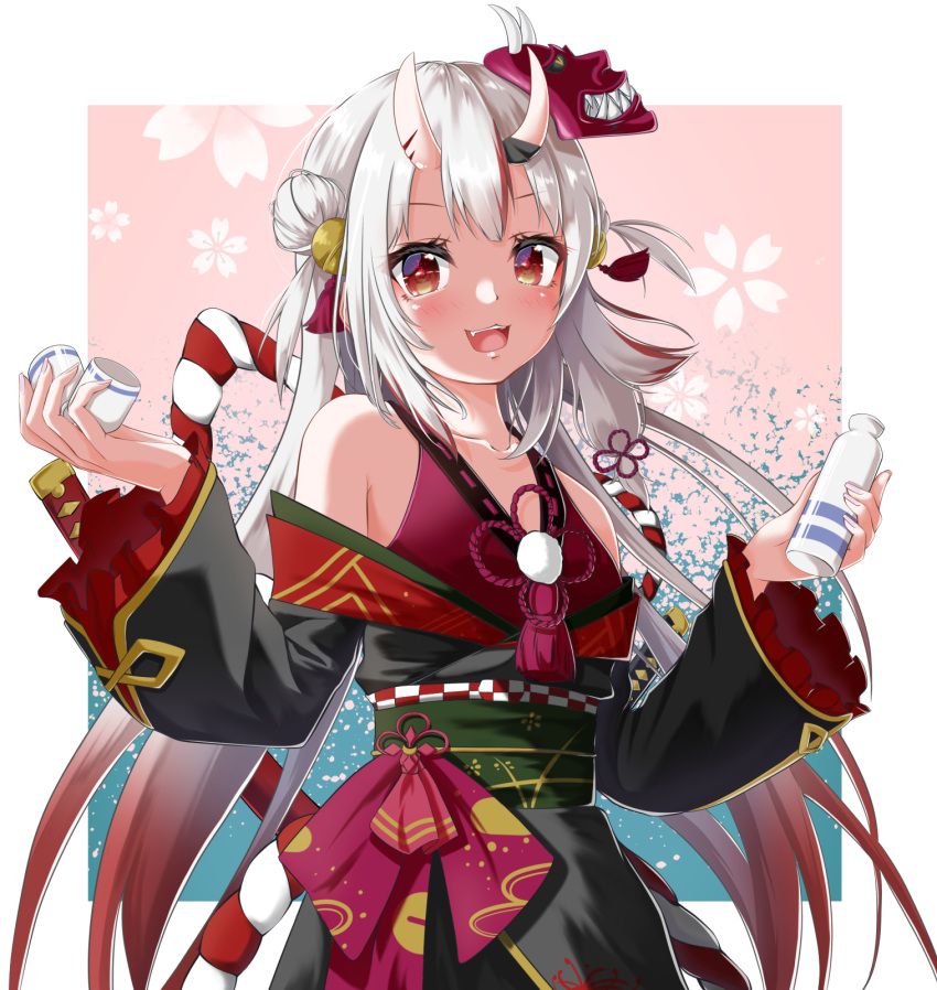 1girl :3 :d alcohol apron bare_shoulders bell black_kimono blush bottle choko_(cup) collarbone cup double_bun eyelashes frilled_sleeves frills gradient_hair hair_bell hair_ornament highres holding holding_bottle holding_cup hololive horns japanese_clothes jingle_bell kimono kouhaku_nawa long_hair looking_at_viewer mask mask_on_head multicolored_hair nakiri_ayame obi obiage off-shoulder_kimono oni oni_horns oni_mask open_mouth red_eyes redhead reflective_eyes sake sash shirt silver_hair smile solo streaked_hair tokkuri two_side_up virtual_youtuber waist_apron white_shirt yakatora