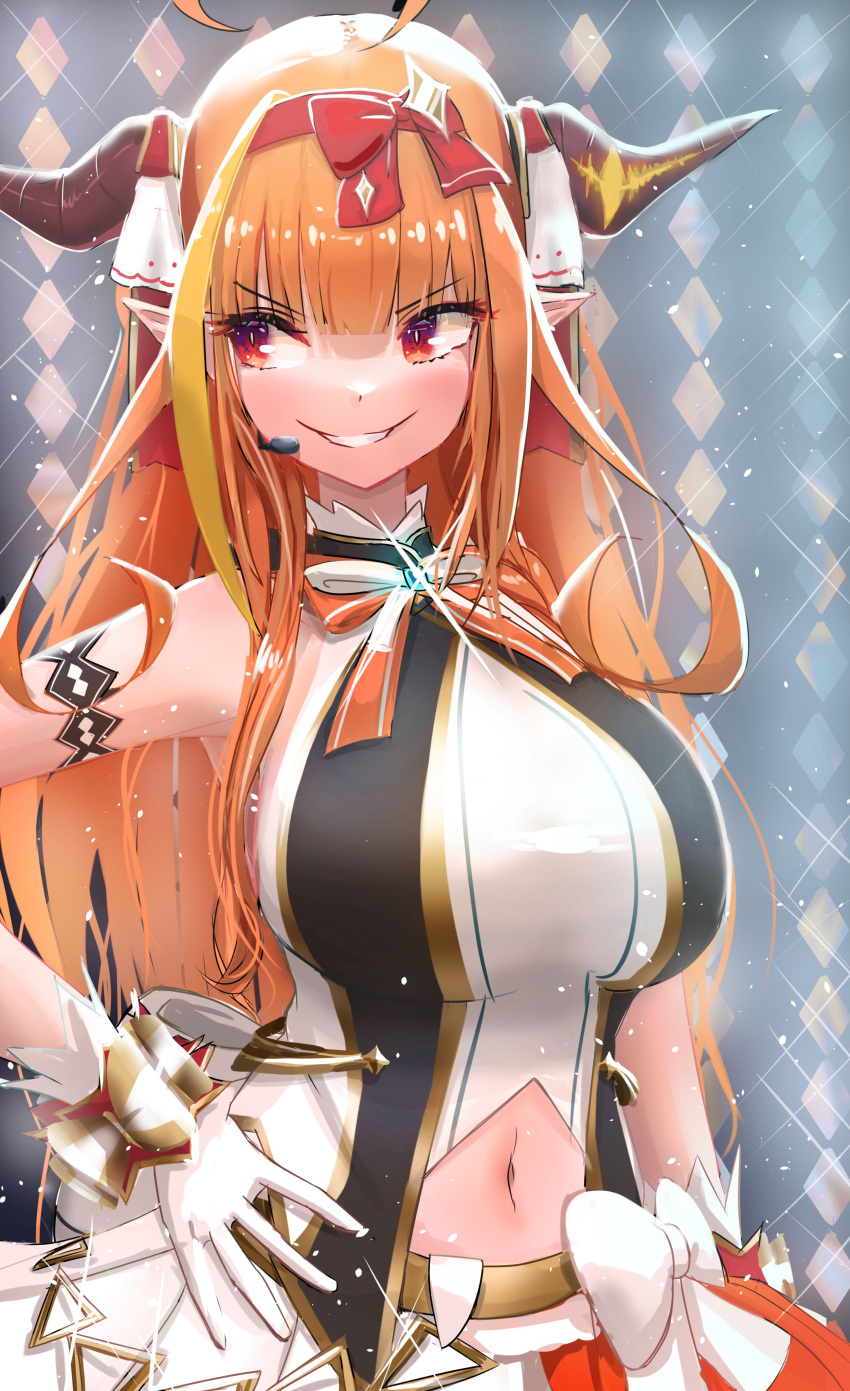 1girl absurdres blonde_hair bow breasts clothing_cutout dragon_girl dragon_horns dress eyebrows_visible_through_hair hand_on_hip headband headset highres hololive horns idol_clothes izanagi_no_ookami_p. kiryu_coco large_breasts multicolored_hair navel navel_cutout orange_hair parted_lips pointy_ears red_headband smile solo streaked_hair v-shaped_eyebrows virtual_youtuber white_bow white_dress wrist_bow
