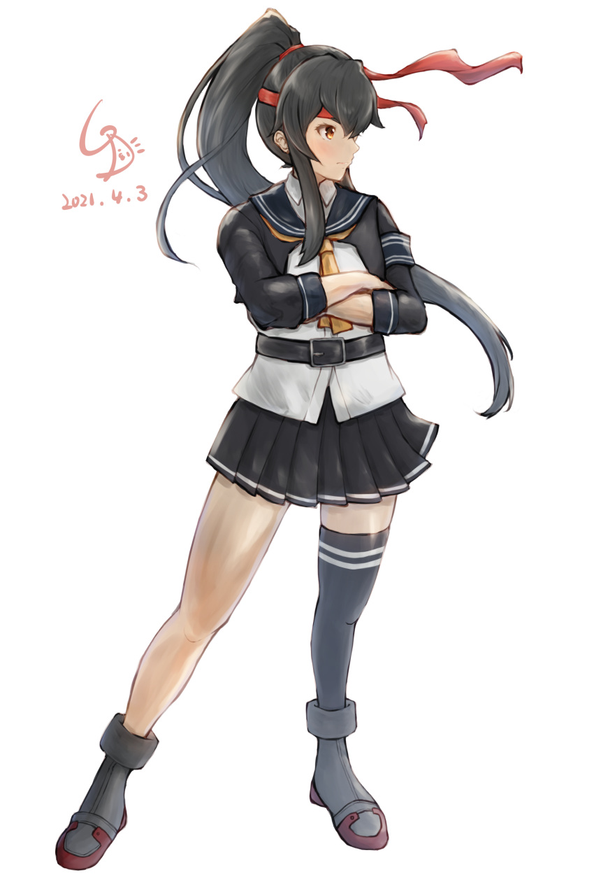 1girl absurdres asymmetrical_legwear black_hair black_jacket black_legwear black_skirt full_body headband high_ponytail highres jacket kantai_collection ld_(luna_dial398) long_hair miniskirt pleated_skirt ponytail red_eyes red_headband remodel_(kantai_collection) shirt sidelocks single_thighhigh skirt solo standing thigh-highs very_long_hair white_shirt yahagi_(kancolle)