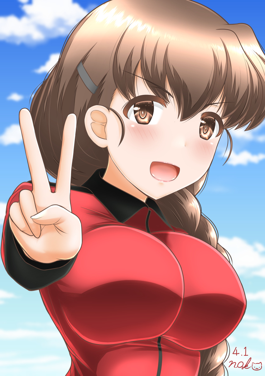 1girl absurdres blue_sky blush braid breasts brown_eyes brown_hair clouds girls_und_panzer hair_between_eyes highres impossible_clothes impossible_shirt io-catalyst jacket large_breasts long_hair looking_at_viewer military military_uniform red_jacket rukuriri_(girls_und_panzer) shirt sky smile solo st._gloriana's_military_uniform uniform upper_body v v-shaped_eyebrows