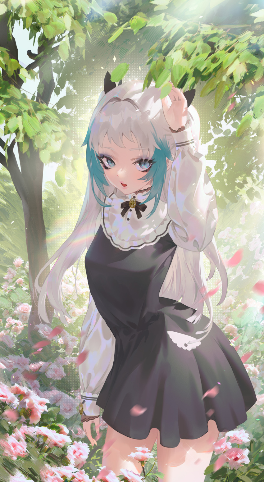 1boy absurdres aqua_hair backlighting black_dress black_ribbon blue_eyes cirilla collar collared_dress die_(ohisashiburi) dress eyebrows_visible_through_hair flower frilled_collar frills grey_hair hair_intakes hand_up highres huge_filesize lipgloss long_hair long_sleeves makeup male_focus open_mouth original otoko_no_ko ribbon scenery sidelocks tree