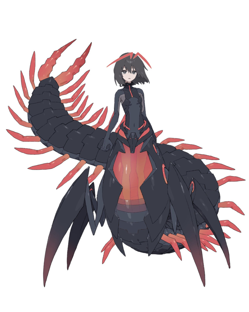 1girl antennae armor arms_at_sides arthropod_girl black_hair bodysuit breasts bug centipede centipede_girl covered_navel expressionless extra_legs full_body grey_eyes highres light_oooo looking_at_viewer mecha_musume medium_hair original see-through small_breasts solo symbol_commentary throat_microphone white_background