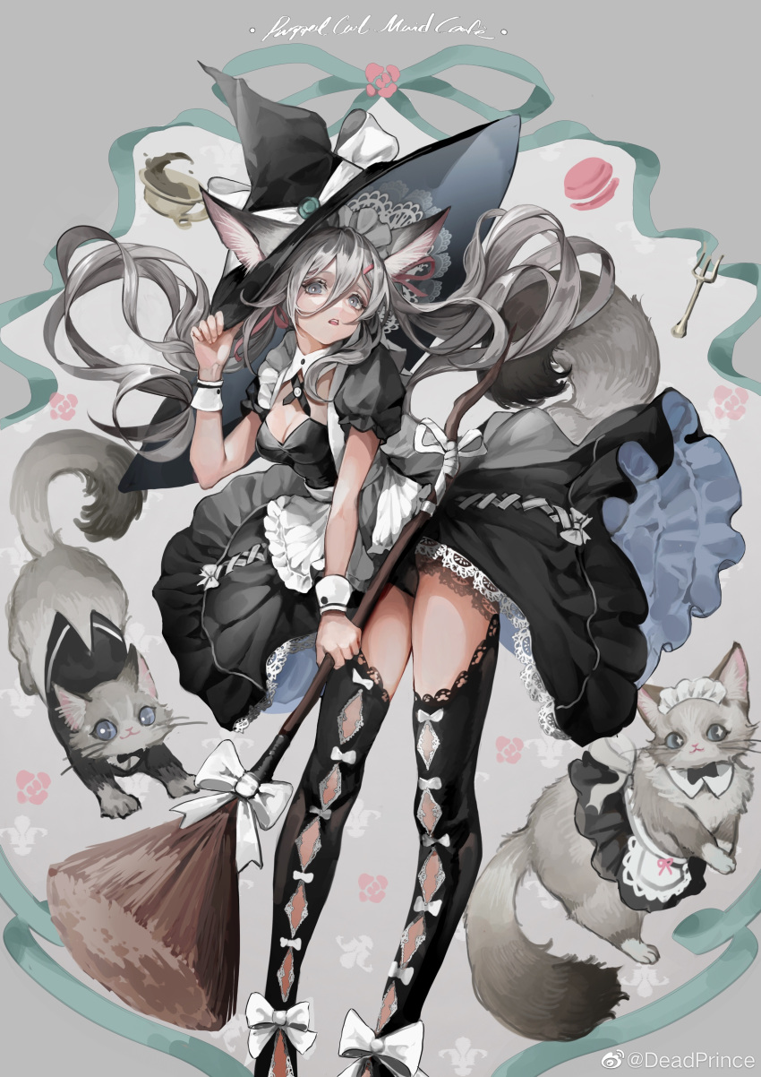 1girl absurdres animal animal_ears black_dress bow broom cat cat_ears cat_tail deadprinceee dress grey_hair hat highres lace long_hair original tail witch witch_hat