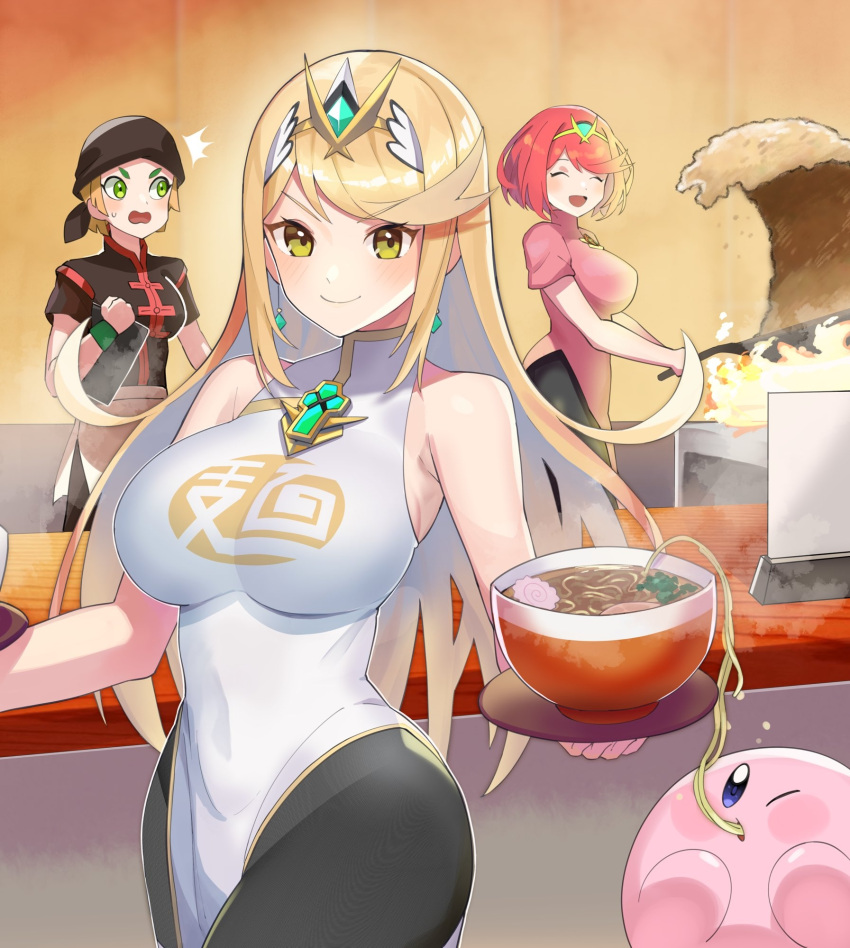 3girls ^^^ arms_(game) bandana black_headwear blonde_hair blush bowl breasts china_dress chinese_clothes closed_mouth dress food green_eyes headpiece highres holding holding_plate katwo kirby kirby_(series) large_breasts long_hair looking_at_another looking_at_viewer min_min_(arms) multiple_girls mythra_(xenoblade) noodles open_mouth plate pyra_(xenoblade) redhead short_hair sleeveless sleeveless_dress smile super_smash_bros. white_dress xenoblade_chronicles_(series) xenoblade_chronicles_2 yellow_eyes