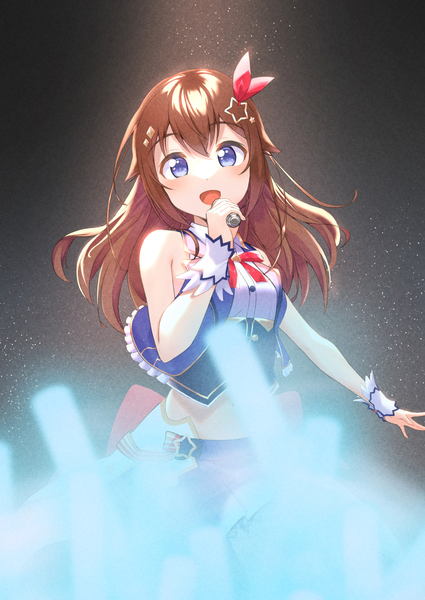 1girl :d absurdres bangs blue_eyes blue_skirt blue_vest breasts brown_hair collared_shirt corset cowboy_shot cropped_shirt cropped_vest dark_background diamond_hair_ornament doradora_oekaki glowstick gold_trim hair_flaps hair_ornament hair_ribbon hairclip highres holding holding_microphone hololive idol light_blush long_hair looking_at_viewer microphone midriff music neck_ribbon open_mouth red_neckwear red_ribbon ribbon shirt singing skirt sleeveless sleeveless_shirt small_breasts smile solo spotlight stage star_(symbol) star_hair_ornament tokino_sora underbust vest virtual_youtuber waist_cape white_shirt wrist_cuffs