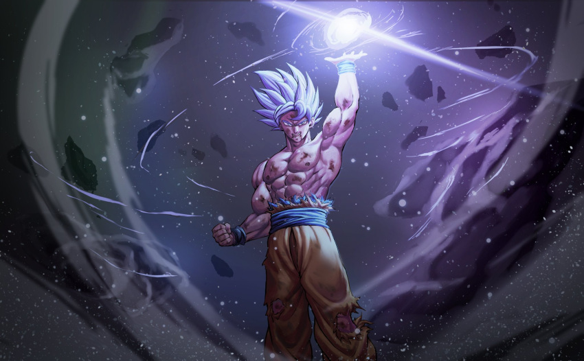 1boy abs arm_up bangs clenched_hand commentary dragon_ball energy_ball floating_hair highres male_focus muscular muscular_male open_mouth orange_pants pants rock sash scrape shirtless solo son_goku soy_chicken spiky_hair teeth torn_clothes torn_pants white_hair wristband