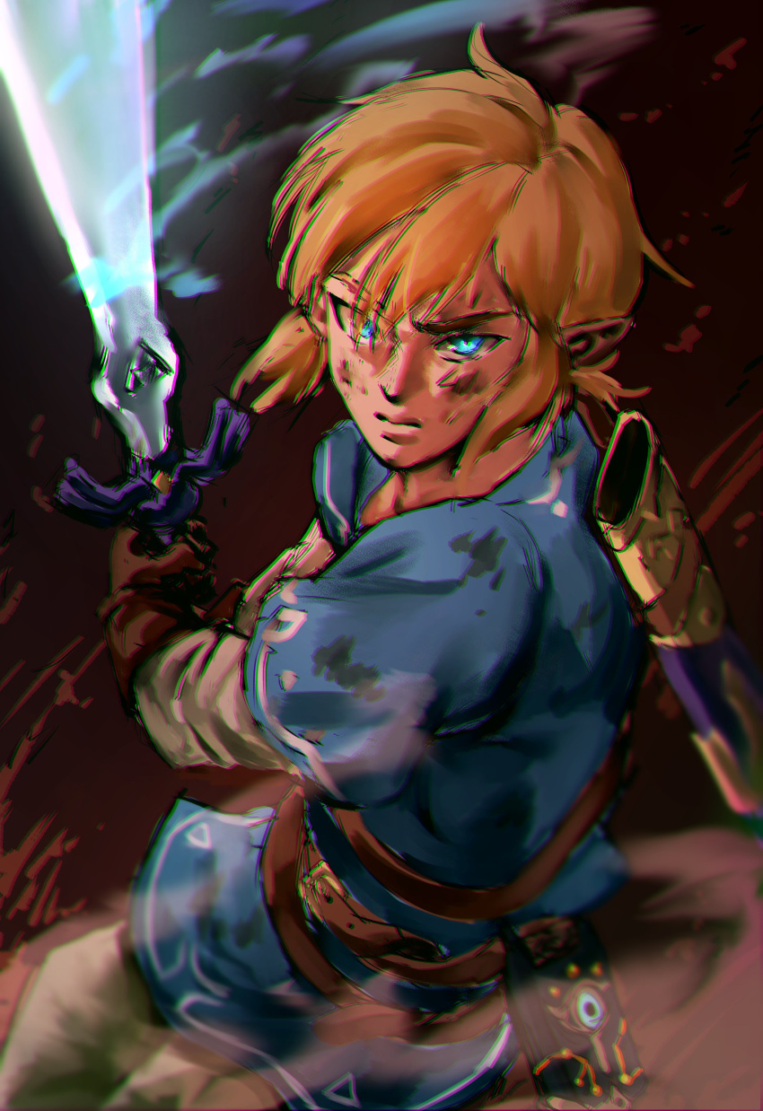 1boy absurdres bangs belt blonde_hair blue_eyes blue_tunic brown_belt brown_gloves closed_mouth dirty dirty_clothes dirty_face gloves glowing glowing_sword glowing_weapon highres holding holding_sword holding_weapon link long_sleeves male_focus master_sword pants pointy_ears sheath solo soy_chicken sword the_legend_of_zelda the_legend_of_zelda:_breath_of_the_wild weapon