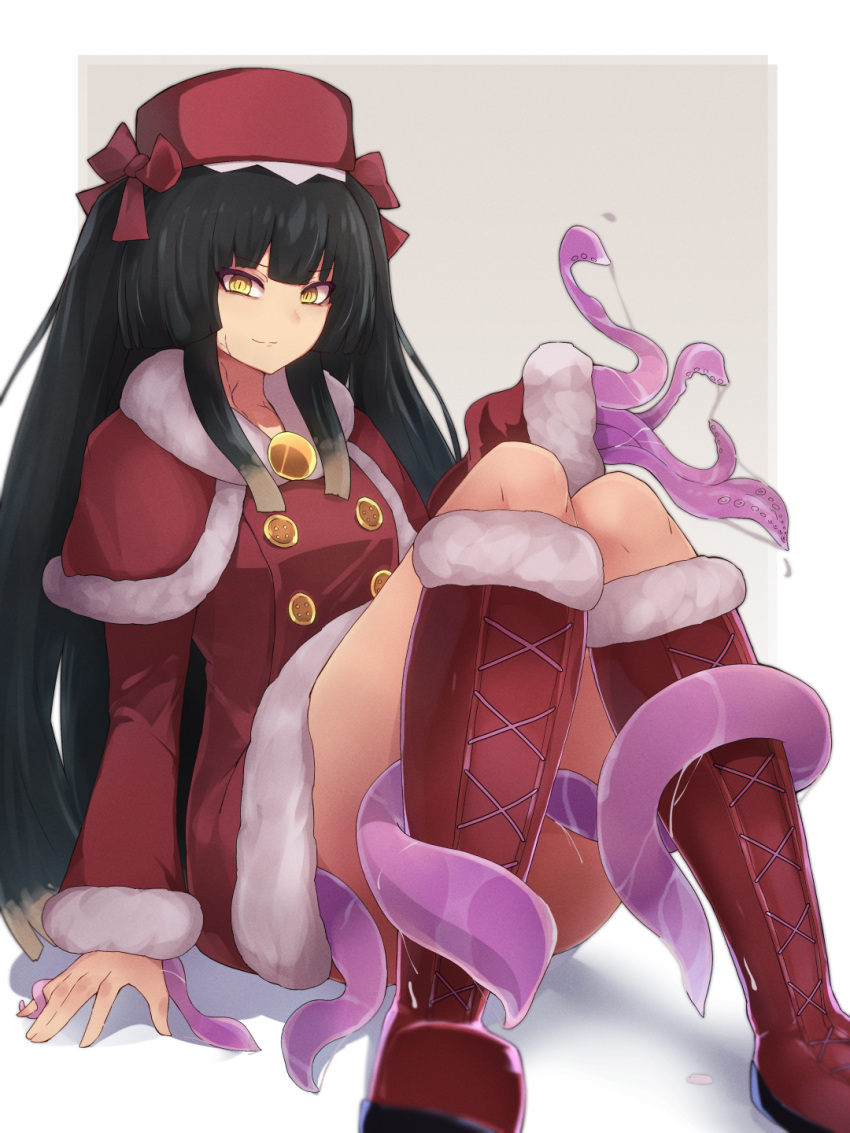 1girl arm_support big_hair black_hair boots buttons capelet closed_mouth commentary_request commission dress highres hiruko_(mon-musu_quest!) long_hair long_sleeves looking_at_viewer mon-musu_quest! mon-musu_quest:_paradox red_capelet red_dress red_footwear sitting skeb_commission solo tentacles yonaga