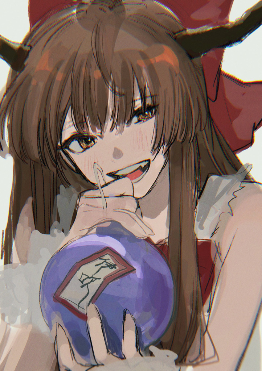 1girl :d bangs bare_shoulders blush bottle bow bowtie brown_eyes brown_hair chromatic_aberration commentary_request eyebrows_visible_through_hair fang gotagotay gourd hair_bow hands_up head_tilt highres holding holding_bottle horns ibuki_suika long_hair looking_at_viewer oni_horns open_mouth red_bow red_neckwear shirt sidelocks simple_background smile solo teeth torn_clothes touhou upper_body white_background white_shirt wrist_cuffs