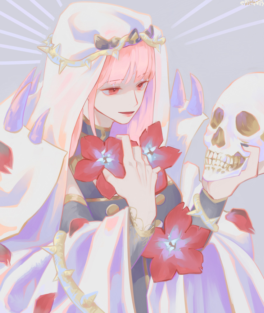 1girl absurdres black_dress breasts cape dress ellie_niunai_zhuyi_zhe flower grey_background hand_on_own_chest highres holding holding_skull hololive hololive_english large_breasts looking_down mori_calliope open_mouth pink_eyes pink_hair plant red_flower skull solo spikes tiara veil vines virtual_youtuber white_cape