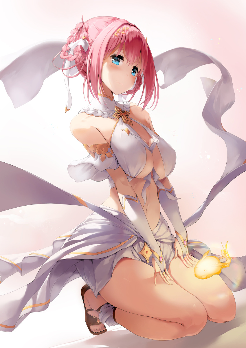 1girl absurdres asalilysuke bangs bare_shoulders blouse blue_eyes blush breasts cleavage_cutout clothing_cutout hair_between_eyes hair_ornament hairband highres large_breasts looking_at_viewer pink_hair princess_connect! princess_connect!_re:dive puffy_sleeves short_hair smile solo yui_(princess_connect!)