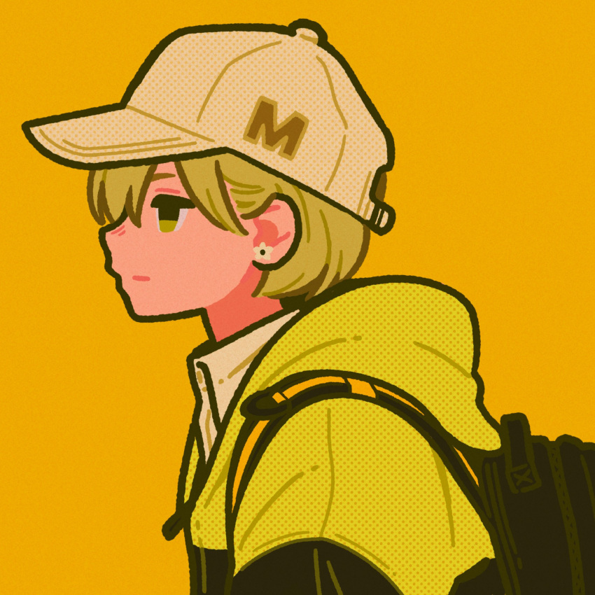 1girl backpack bag black_bag blonde_hair collared_shirt earrings flower_earrings halftone highres hood hood_down jacket jewelry original profile shirt short_hair simple_background solo yellow_background yellow_eyes yellow_headwear yellow_jacket yoshi_mi_yoshi