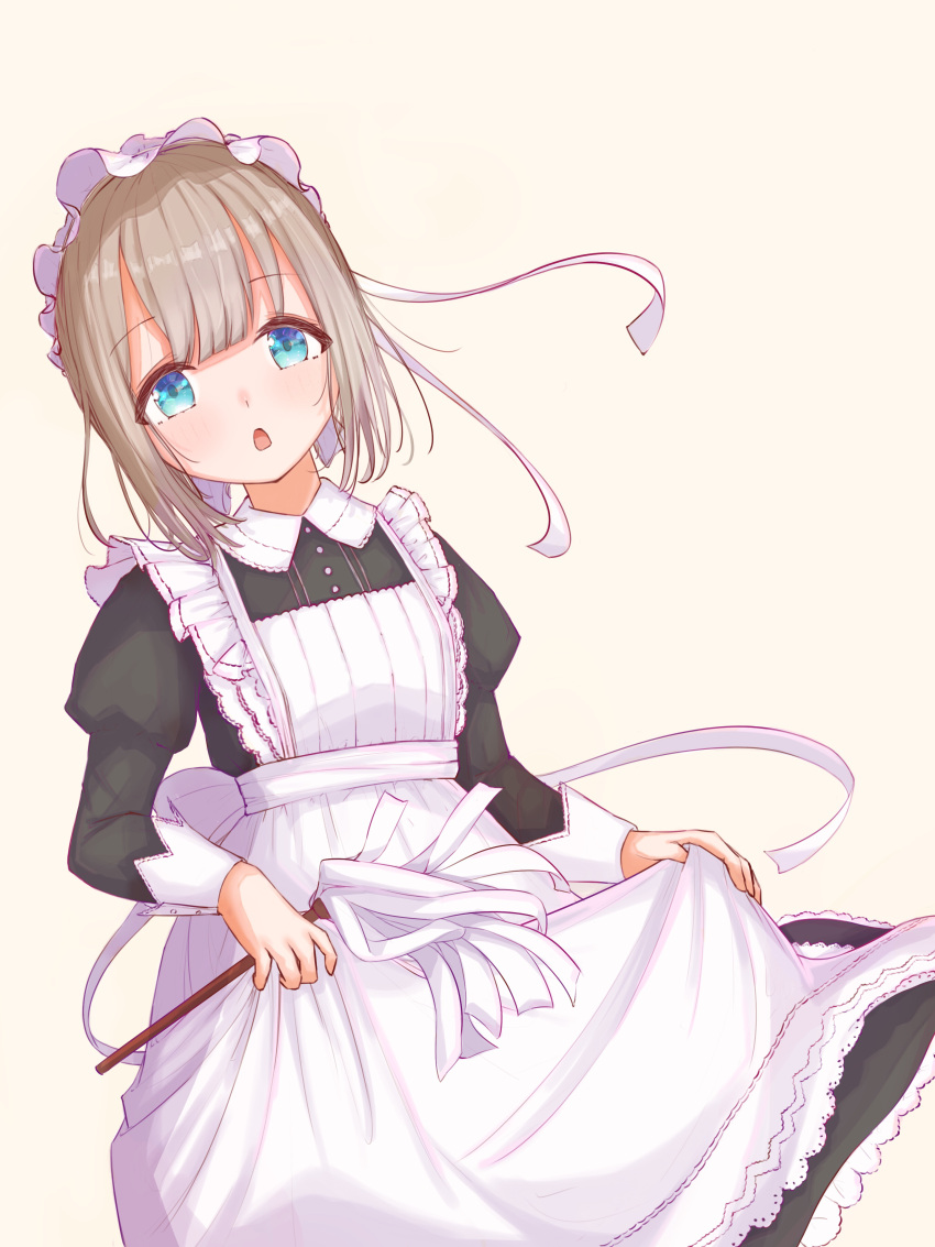 1girl absurdres alternate_costume apron apron_lift aqua_eyes blush curtsey dress dress_lift enmaided eyebrows_visible_through_hair head_tilt highres idolmaster idolmaster_shiny_colors looking_at_viewer maid maid_apron maid_headdress medium_hair nekonek38811165 open_mouth pinafore_dress serizawa_asahi sidelocks simple_background solo white_background