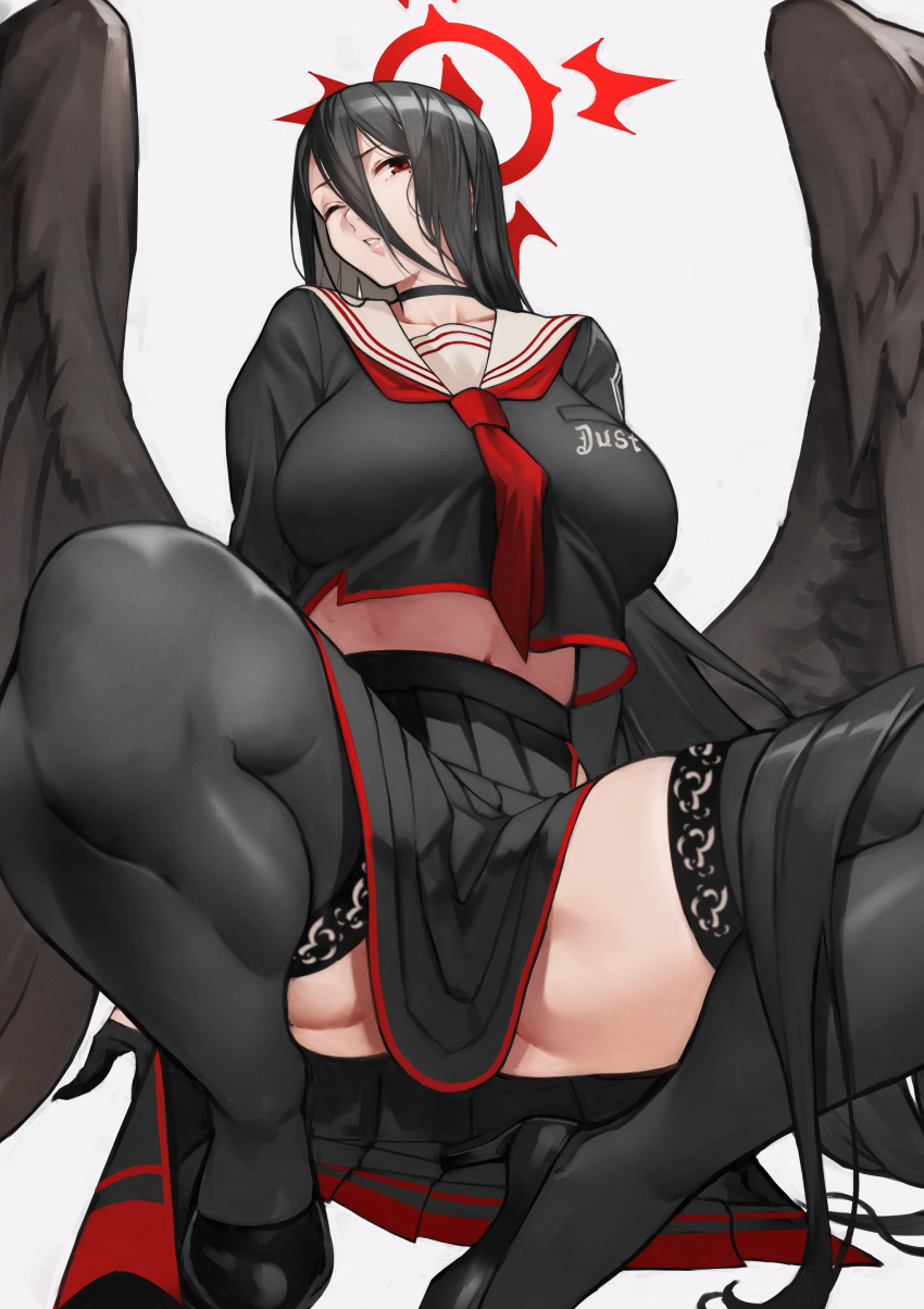 1girl absurdres black_footwear black_hair black_legwear black_serafuku black_skirt black_wings blue_archive breasts commentary_request grey_background hair_between_eyes halo hasumi_(blue_archive) highres large_breasts long_hair looking_at_viewer midriff mole mole_under_eye navel one_eye_closed parted_lips red_eyes red_neckwear sailor_collar school_uniform serafuku shoes simple_background skirt solo squatting thigh-highs very_long_hair white_sailor_collar wings yoshio_(55level)