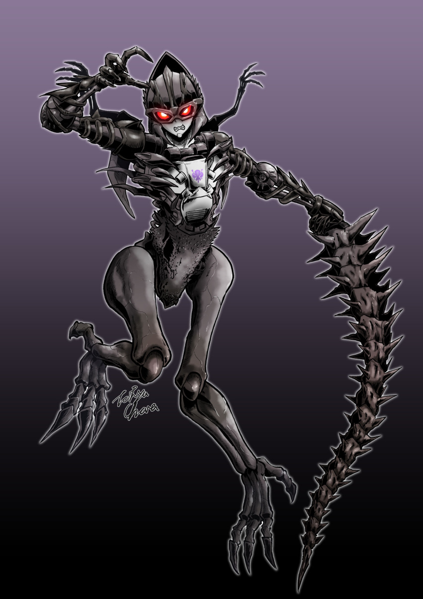 1girl absurdres beast_wars clenched_teeth dinosaur fossil goggles highres holding holding_sword holding_weapon long_fingers long_toes oohara_tetsuya pose predacon purple_background red_eyes sharp_teeth signature skeletal_arm skeletal_hand skeletal_tail spikes sword teeth thick_thighs thighs transformers transformers:_war_for_cybertron_trilogy vertebreak weapon