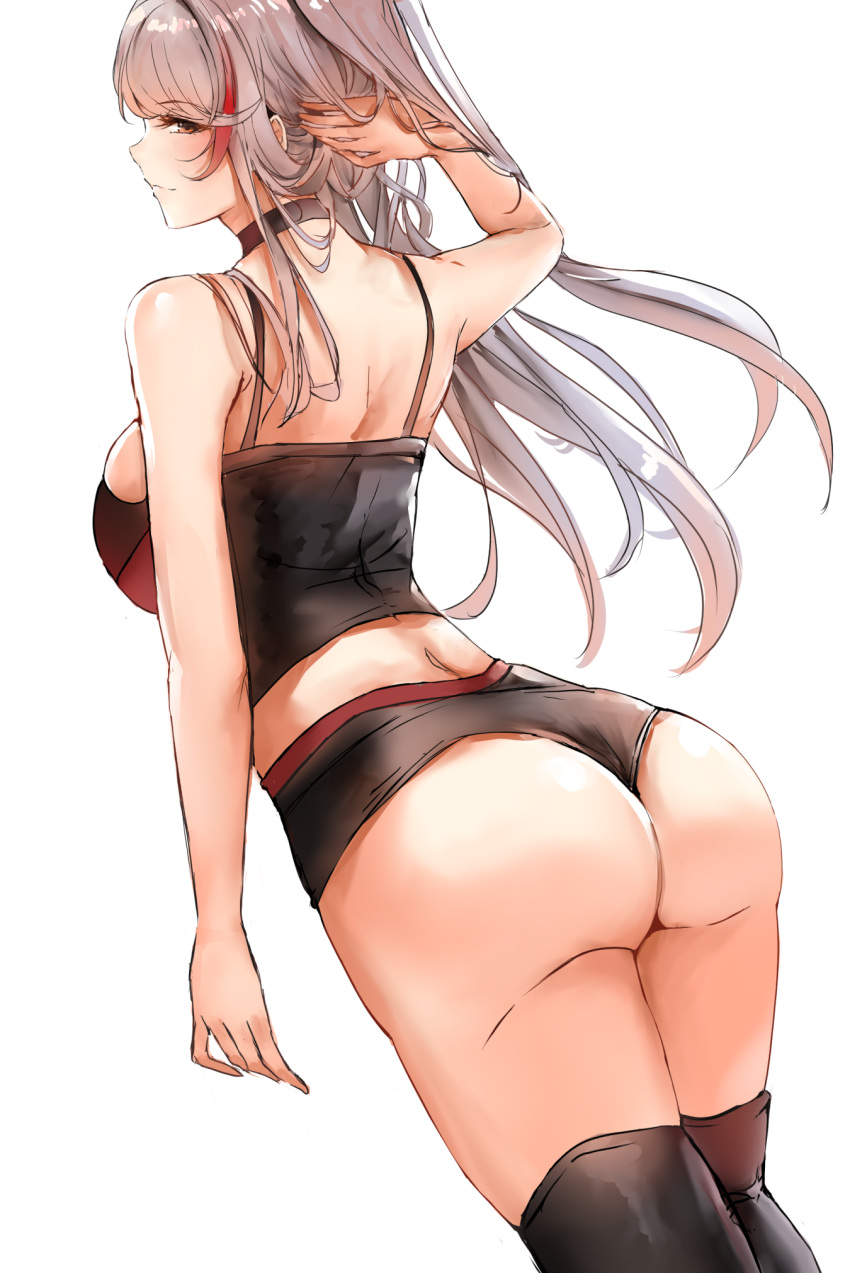 1girl arm_up ass azur_lane back bare_arms bare_shoulders black_choker black_legwear black_shirt black_shorts breasts brown_eyes camisole choker closed_mouth crop_top from_behind highres large_breasts liaowen looking_back micro_shorts midriff multicolored_hair prinz_eugen_(azur_lane) profile shirt shorts silver_hair simple_background sleeveless sleeveless_shirt solo spaghetti_strap standing streaked_hair thigh-highs thighs white_background