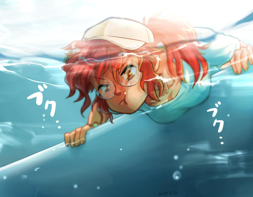 1girl baseball_cap bathtub breasts brown_headwear collarbone fio_germi glasses hat highres holding_breath large_breasts long_hair metal_slug orange_eyes orange_hair round_eyewear sasisage shirt solo water white_shirt