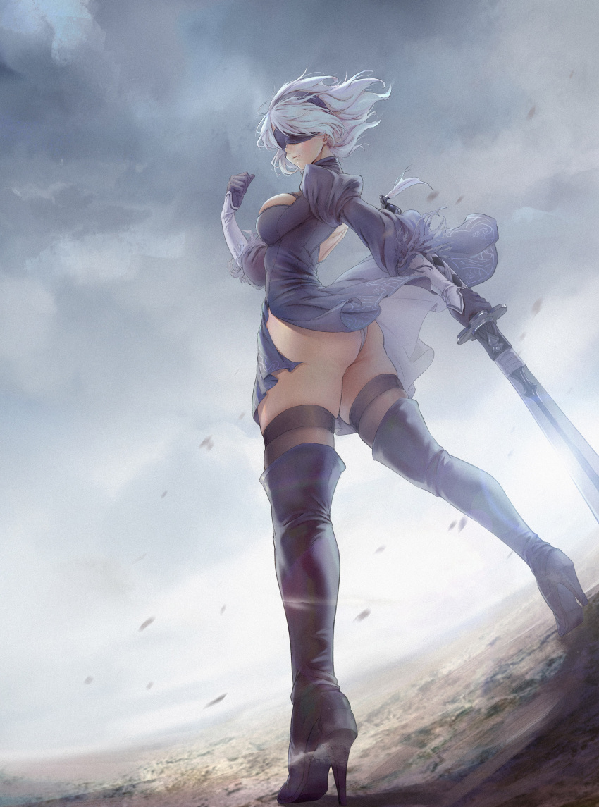 1girl absurdres ass back black_dress black_gloves black_hair blindfold dress from_below gloves hairband high_heels highres holding holding_sword holding_weapon katana nier_(series) nier_automata pantyhose puffy_sleeves short_hair solo sword theleopardcat thigh-highs thighband_pantyhose weapon white_hair yorha_no._2_type_b