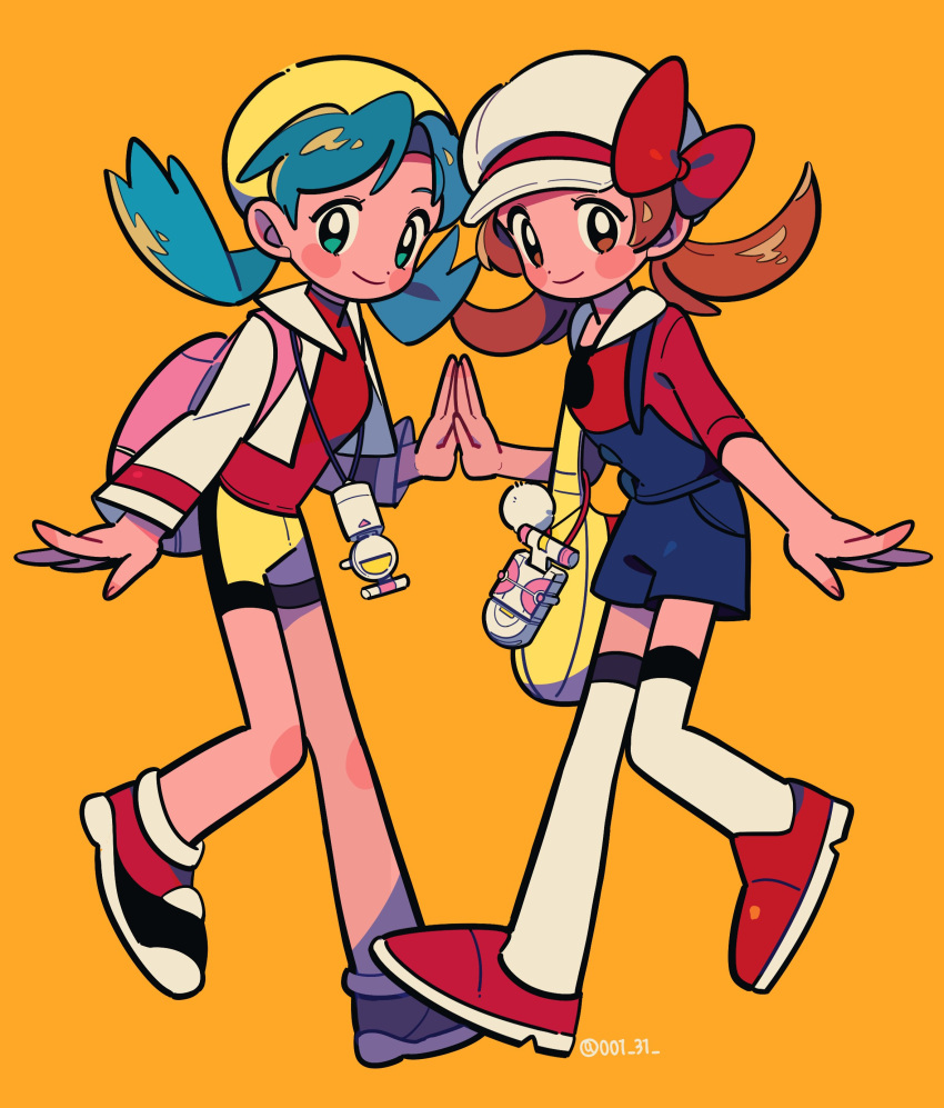 2girls absurdres backpack bag bike_shorts blush_stickers brown_eyes brown_hair chueog closed_mouth cropped_jacket eyelashes green_eyes hat hat_ribbon highres jacket kris_(pokemon) looking_at_viewer lyra_(pokemon) multiple_girls open_clothes open_jacket orange_background overalls pink_bag pokemon pokemon_(game) pokemon_gsc pokemon_hgss red_footwear red_ribbon red_shirt ribbon shirt shoes sleeves_past_elbows smile standing thigh-highs twintails white_headwear white_jacket white_legwear