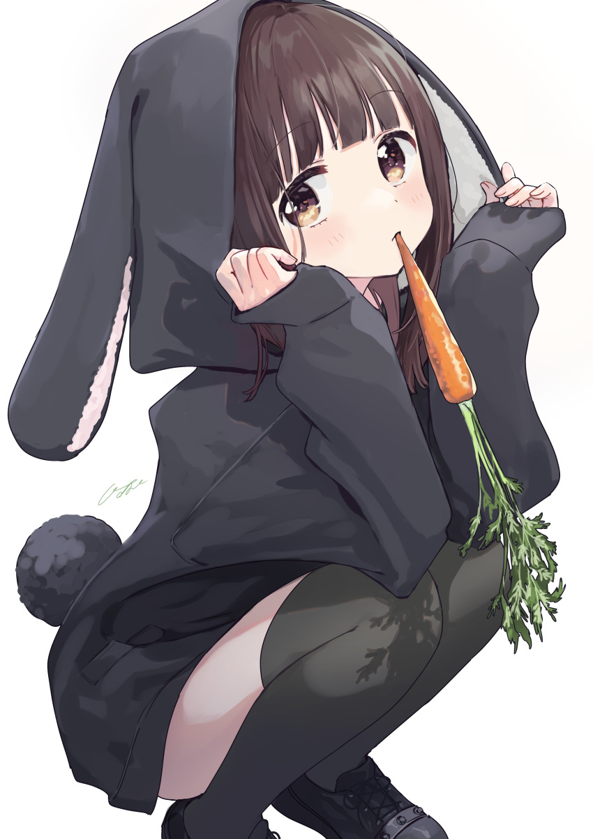 1girl absurdres animal_ears animal_hood bangs black_footwear black_hoodie black_legwear blunt_bangs blush brown_eyes brown_hair bunny_hood bunny_tail carrot commentary_request eyebrows_visible_through_hair fake_animal_ears food_in_mouth hands_up highres hood hood_up hoodie long_sleeves looking_at_viewer medium_hair mouth_hold nanase_kurumi_(menhera-chan) original pomu rabbit_ears shoes signature sleeves_past_wrists solo squatting tail thigh-highs