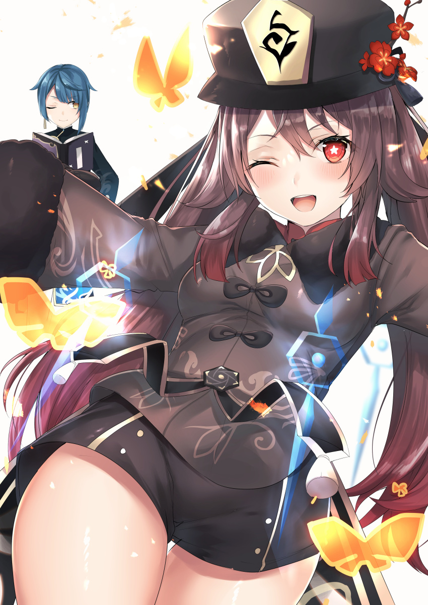 1boy 1girl absurdres bangs black_coat black_headwear black_shorts blush breasts brown_hair coat coattails flower genshin_impact hat hat_flower highres hu_tao long_hair long_sleeves looking_at_viewer plum_blossoms red_eyes shorts small_breasts symbol-shaped_pupils thighs twintails very_long_hair xingqiu_(genshin_impact)