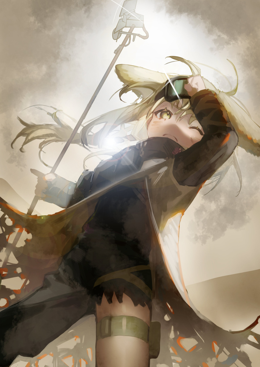 1girl absurdres animal_ears arknights asymmetrical_pants bangs bird black_scarf blonde_hair commentary_request eyewear_on_head fox_ears fox_girl goggles goggles_on_head highres holding holding_staff kyuubi long_hair long_sleeves multiple_tails official_alternate_costume one_eye_closed outdoors sandstorm scarf solo staff suzuran_(arknights) suzuran_(lostlands_flowering)_(arknights) tail tanuka_(tnk0150) thigh_strap tunic yellow_eyes