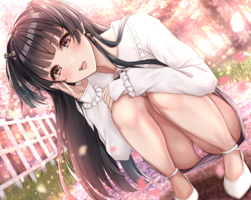 1girl bare_legs black_hair blurry blush bow cherry_blossoms depth_of_field frilled_shirt frilled_sleeves frills full_body hair_bow hand_on_own_cheek hand_on_own_face hand_on_own_knee highres idolmaster idolmaster_shiny_colors looking_at_viewer mayuzumi_fuyuko outdoors panties pantyshot petals pink_panties shirt smirk solo squatting sunlight thighs two_side_up underwear white_footwear white_shirt yuzuyu_(hyui)