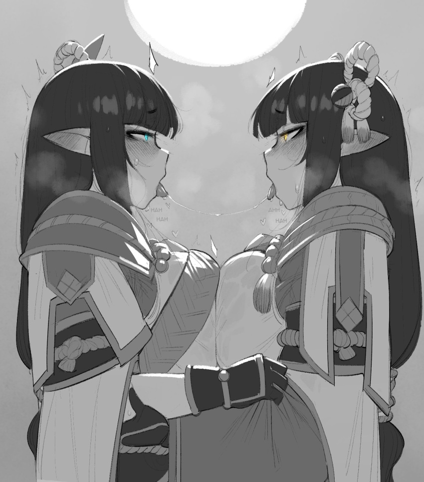 2girls after_kiss blue_eyes blush breast_press breasts english_commentary english_text eye_contact eyebrows_visible_through_hair floating_heart gloves greyscale hair_ornament heart highres hinoa huge_breasts incest japanese_clothes krekk0v long_hair looking_at_another minoto monochrome monster_hunter_(series) monster_hunter_rise multiple_girls open_mouth saliva saliva_trail siblings sidelocks sisters spot_color steam steaming_body sweat symmetrical_docking tongue tongue_out trembling yellow_eyes yuri
