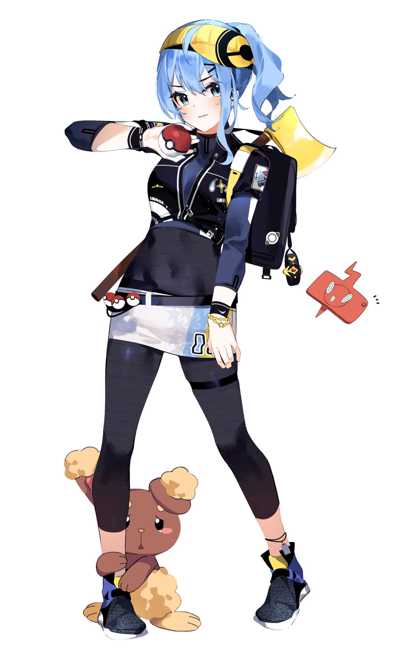 1girl absurdres backpack bag bangs belt black_bag black_bodysuit blue_eyes blue_hair blush bodysuit bracelet buneary covered_navel eyelashes gen_4_pokemon hair_between_eyes hair_ornament hairband hand_up hatchet highres holding holding_poke_ball hololive hoshimachi_suisei jewelry leg_hug long_hair mania_(fd6060_60) miniskirt number parted_lips pigeon-toed poke_ball poke_ball_(basic) pokemon pokemon_(creature) rotom rotom_phone shoes sidelocks skirt standing symbol_commentary virtual_youtuber wristband yellow_hairband