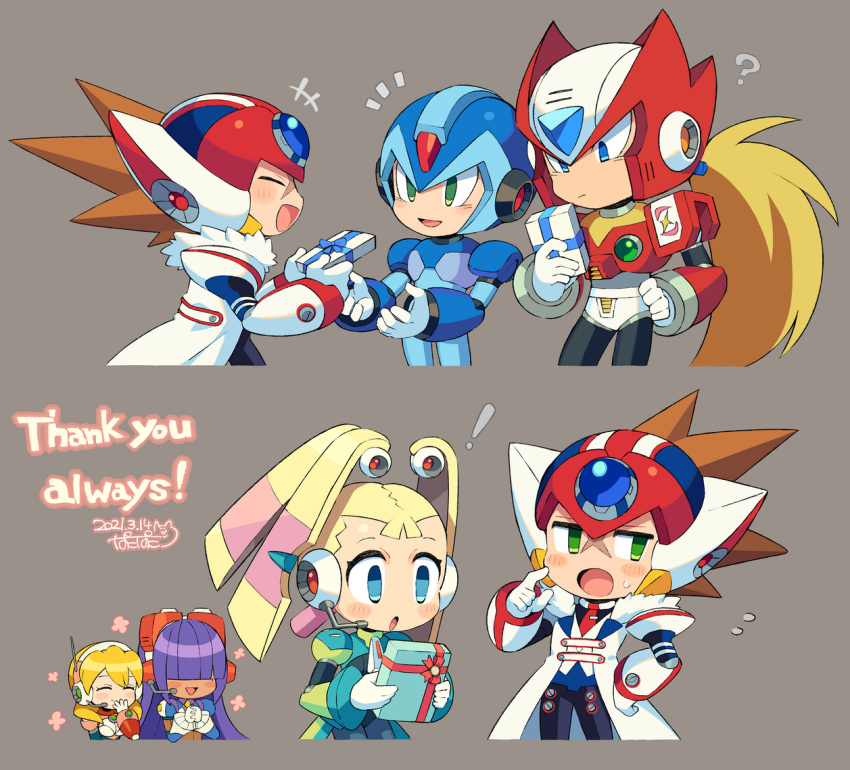 ! +++ 3boys 3girls :d :o ? alia_(mega_man) android armor axl_(mega_man) bangs blonde_hair blue_bodysuit blue_eyes blunt_bangs blush_stickers bodysuit box brown_hair closed_eyes closed_mouth coat commentary_request dated english_text facing_another flower forehead_jewel fur-trimmed_coat fur_trim gift gift_box giving green_eyes grey_background hair_over_eyes hand_up hands_clasped happy headgear headset helmet hime_cut holding holding_box holding_gift iroyopon layer_(mega_man) long_hair looking_at_another looking_away looking_down mega_man_(series) mega_man_x8 mega_man_x_(character) mega_man_x_(series) mole mole_under_eye multiple_boys multiple_girls notice_lines official_alternate_costume open_mouth own_hands_together pallette_(mega_man) pink_flower ponytail purple_hair red_headwear robot_ears signature smile spiky_hair sweatdrop thank_you twintails white_coat zero_(mega_man)