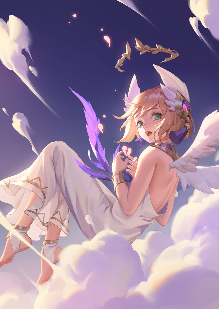 1girl above_clouds angel_wings backless_dress backless_outfit blonde_hair bracelet broken_heart clothing_request clouds commentary_request dawn dress flying green_eyes highres jewelry laurel_crown open_mouth original reclining solo tagme white_dress wings yeong-hao_han